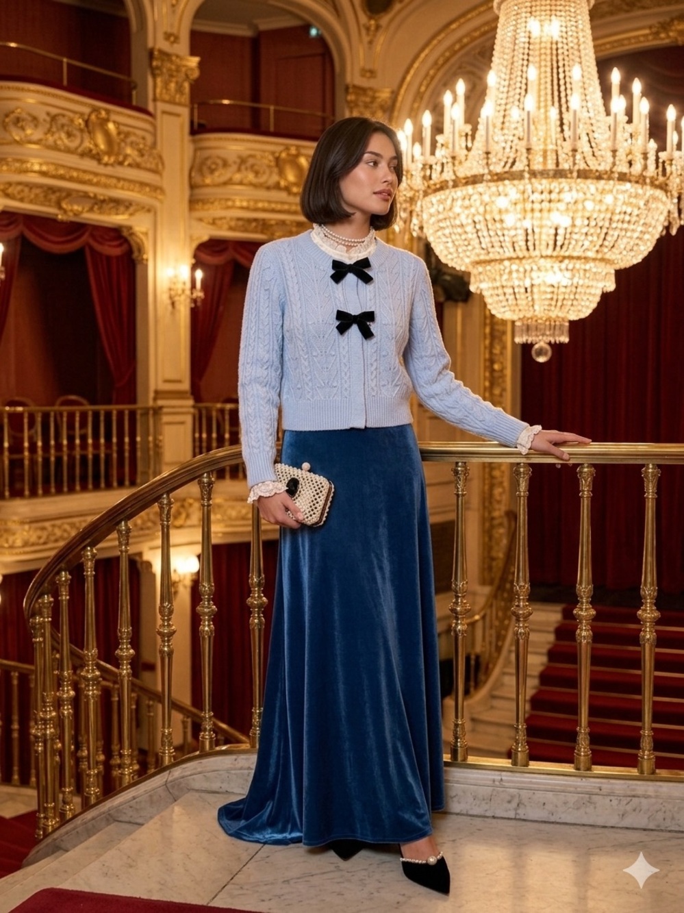 41 Hawthorn Light Blue Cable-Knit V-Neck‎ Sweater with Black Bows